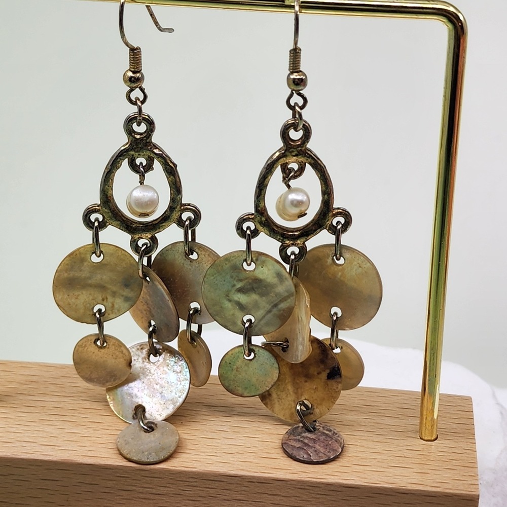 Boho Shell Disc Chandelier Earrings Faux Pearl Antique Gold Tone Dangle Festival